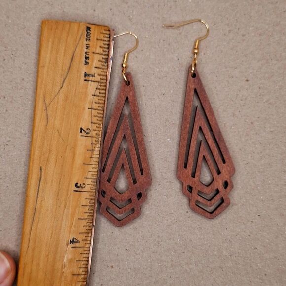 Brown abstract long drop earring geometric shape jewelry - Picture 2 of 3